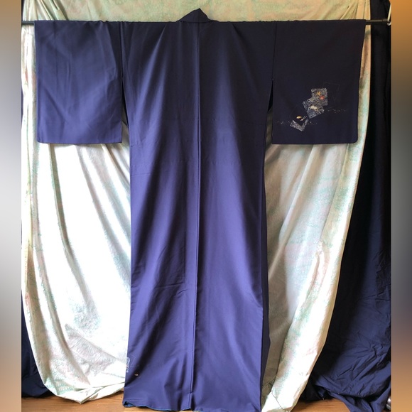 Vintage navy polyester kimono with small print detail - Picture 3 of 10